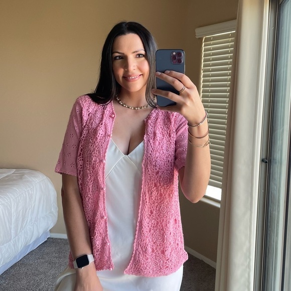 Vintage Pink Jacquline Smith Crochet Short Sleeve Cardigan - Picture 3 of 8
